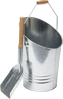 WERKA PRO Seau et pelle à cendres en acier galvanisé, ensemble pratique et durable pour le nettoyage des poêles, cheminées et barbecues, avec poignées en bois, taille 468 x 298 x 275 cm, gris