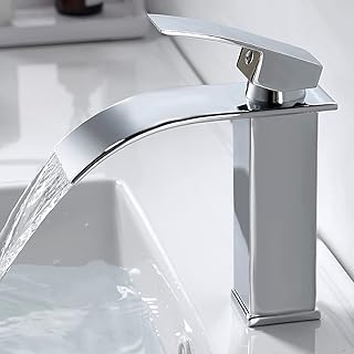 kisimixer Moderne Robinet Salle de Bain Cascade, Design Elégant Robinet Lavabo, Mitigeur Cascade, Eau Chaude et Froide Disponible, Robinetterie Chromé G 3/8, Mitigeur Lavabo sans Tirette de Vidage
