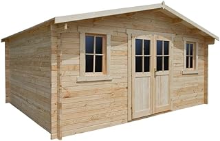 Abri de Jardin Bois Massif 19,8m² | Double Rainurage 40mm | sans Permis de Construire | Toiture Bois avec Feutre Bitumé | Double Porte Semi-Vitrée et Fenêtres | Kit Anti-Tempête Inclus