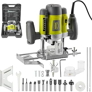 Défonceuse affleureuse électrique 1200 W, DEWINNER à bois 16000-30000 RPM profession fresatrice plastifieuse avec set de 12 fraises,6 vitesses, réglage de la profondeur de fraisage