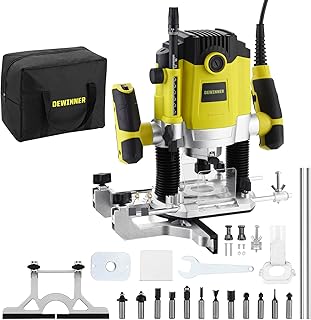Défonceuse à Bois 1800W 10000-26000RPM avec Sac en Toile DEWINNER, Défonceuse Affleureuse électrique avec Set de 12 fraises à défoncer, 3 Pinces de 6/8/12 mm,7 Vitesses Variables