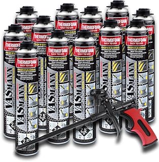 VASmann Mousse Polyuréthane Projetée 12x890ml Isolante Thermique Intérieur/Extérieur (12 (30m2) + Pistolet)